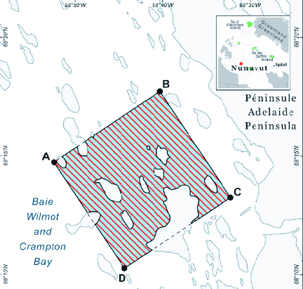 A map showing the boundary of the Wrecks of the HMS Erebus and HMS Terror National Historic Site of Canada. The HMS Terror was found well outside the boundary, further north, in Terror Bay. (PARKS CANADA MAP)