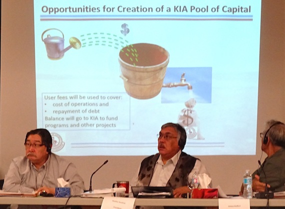 The Grays Bay port and road could eventually earn money for the Kitikmeot Inuit Association, says this slide shown Oct. 6 during a presentation on the project to the KIA annual general meeting in Cambridge Bay. From left to right in photo: Charlie Lyall, KIA President Stanley Anablak and KIA Vice President Attima Hadlari. (PHOTO BY JANE GEORGE)
