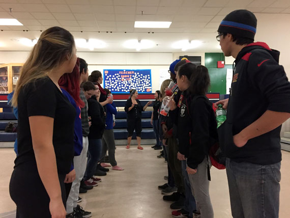 Qaggiavuut member and artist Laakkuluk Williamson Bathory, centre, leads a workshop on sexual health workshop for a group of 14- to 16-year-old students at Inuksuk school last week. (PHOTO BY TAHA TABISH)