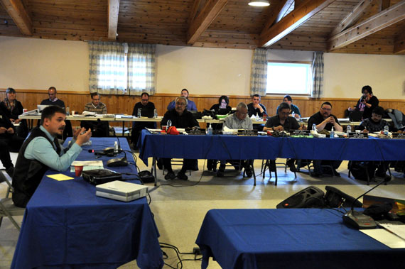 PJ Akeeagok, president of the Qikiqtani Inuit Association, speaks Oct. 4 to participants on day one of the QIA's annual general meeting in Iqaluit. The meeting continues at the Anglican parish hall until Oct. 6. (PHOTO BY THOMAS ROHNER)
