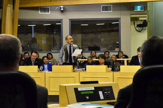 Education Minister Paul Quassa speaks Oct. 25 at the legislative assembly in Iqaluit. (PHOTO BY JIM BELL)