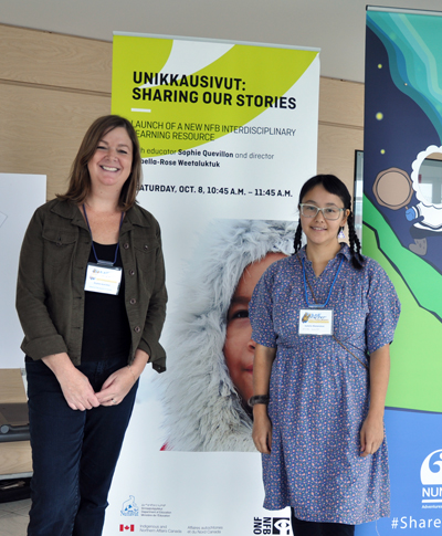 The National Film Board's Sophie Quevillon and Montreal filmmaker Isabella-Rose Weetaluktuk promote the board's Inuit and Arctic film collection at the Inuit Studies Conference in St. John's Oct. 8. (PHOTO BY SARAH ROGERS) 