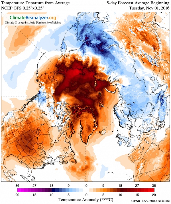 This map from the Climate Change Institute at the University of Maine shows November's temperature anomaly over the Arctic Ocean, with the deep red colour indicating a 10 C increase over the normal range. 