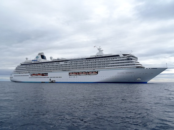 The Crystal Serenity, with about 1,000 passengers on board, at anchor outside Cambridge Bay Aug. 29, during its voyage through the Northwest Passage. Waste water and grey water— about 400 tonnes a day—from the ship were treated and released at least three nautical miles from shore. (PHOTO BY JANE GEORGE) 