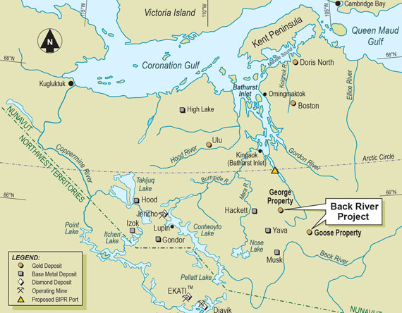 This map shows the original version of Sabina's Back River gold project as submitted to the NIRB in 2012. Development of the George property was later deleted from the proposal and was not included in the project that NIRB considered in a public hearing last spring. (FROM BACK RIVER PROJECT DESCRIPTION)