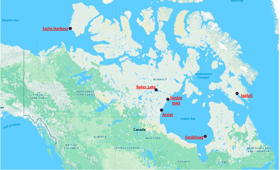This maps shows the six Arctic communities that the University of Waterloo researchers chose for its study on diesel-renewable hybrid energy generation. Five of the communities are in Nunavut and a sixth, Sachs Harbour, is in the Northwest Territories.