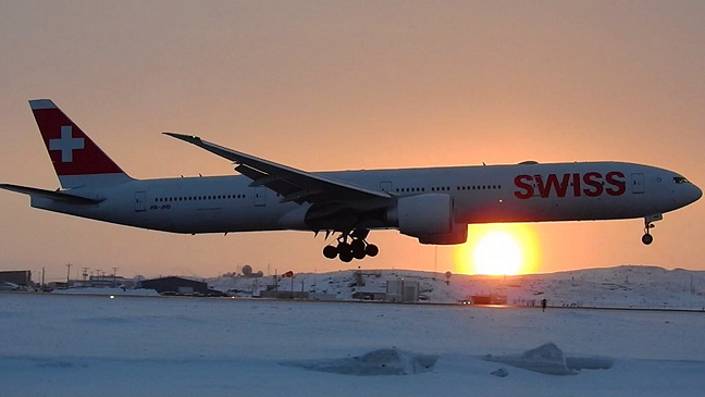 Swiss International Airlines Flight 40, a Boeing 777-300, which departed Zurich at 1:10 p.m. local time in Switzerland, bound for Los Angeles, California, makes an emergency landing in Iqaluit this afternoon, Feb. 1, with only one engine. The airline's website first said only that Flight 40 had been 