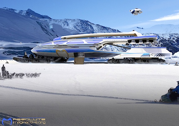 Sled dogs near the Resolute—a design for a huge all-terrain Arctic vehicle, shown here in a rendering by Boris Schwarzer for Imaginactive, described as an 