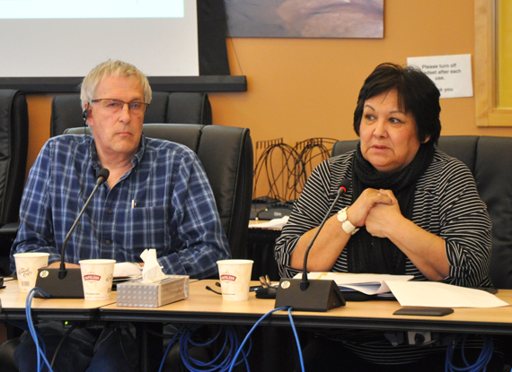 Isuarsivik board members Dave Forrest and Mary Aitchison share plans for an expanded treatment centre with KRG councillors in Kuujjuaq Feb. 22. (PHOTO BY SARAH ROGERS)