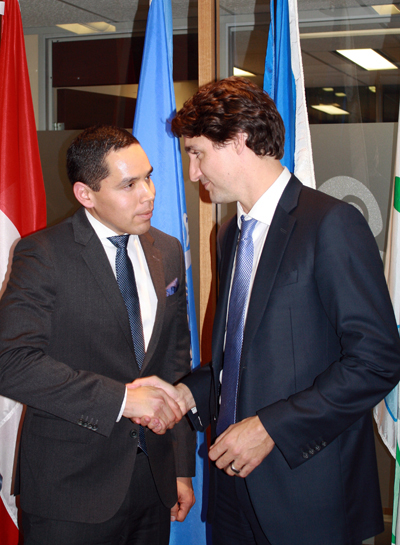 ITK President Natan Obed and Prime Minister Justin Trudeau shake hands after a meeting in January 2016. (FILE PHOTO) 
