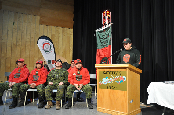 Junior Canadian Ranger Sammy Jr. Koneak Gadbois-Koneak welcomes the 2CRPG Ungava Bay team back from its four-community stretch of this year's Aqikgik expedition at a Feb. 24 ceremony in Kuujjuaq. The expedition aims to snowmobile through all 35 communities where Canadian Ranger or Junior Canadian Ranger patrols are based throughout Quebec. (PHOTO BY SARAH ROGERS)