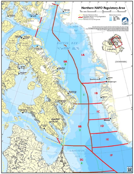 A map showing the Northwest Atlantic Fisheries Organization zones off the coast of Baffin Island that are currently subject to quotas. (DFO MAP)