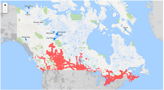 The map shows the Ice Wireless coverage area in Canada. The company now offers unlimited texts, calls and roaming throughout Canada in plans starting at $59 a month and unlimited data starting at $89 a month.
