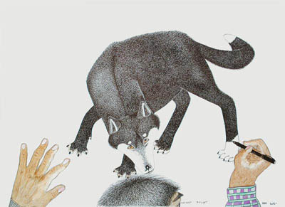 Kananginak Pootoogook's Untitled (Self-portrait of Kananginak drawing a wolf) ink and coloured pencil, 2009. (IMAGE COURTESY OF DORSET FINE ARTS)