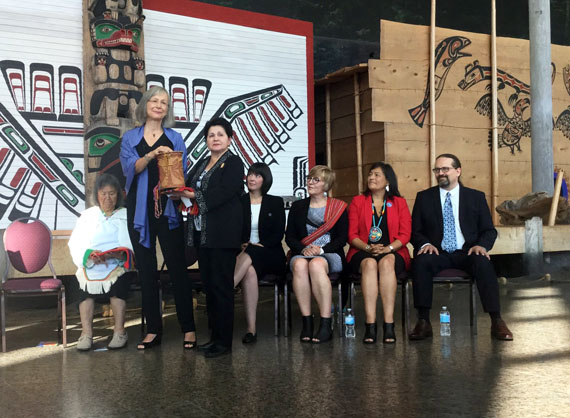 Marion Buller, named chair of the commission overseeing the inquiry into Missing and Murdered Indigenous Women and Girls, is flanked by fellow commissioners last August following the formal announcement of the inquiry in Gatineau, Que. Eight months into its two-year mandate, the inquiry has yet to begin collecting evidence. (PHOTO COURTESY OF GOV. OF CANADA)