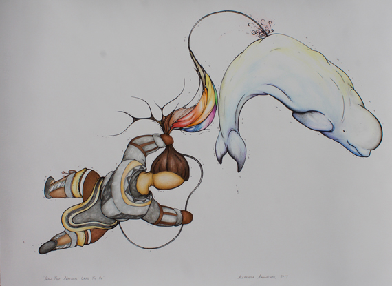 Alex Angnaluak’s How the Narwhal Came to Be, in pen and pencil on watercolour paper. The piece placed first in the Senior Art category of this year’s Indigenous Arts & Stories contest. (PHOTO COURTESY OF HISTORICA CANADA)