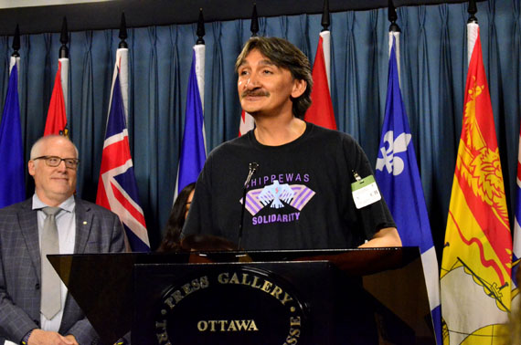 The former mayor of Clyde River, Jerry Natanine, at a press conference in Ottawa July 26. (PHOTO BY JIM BELL)