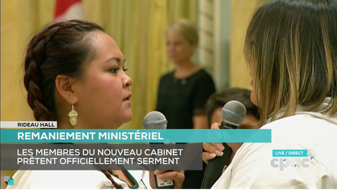 Tamara Takpanie and Janice Olayou of Nunavut performing at Rideau Hall Aug. 28 at the swearing-in of new cabinet ministers. (WEB VIDEO GRAB)