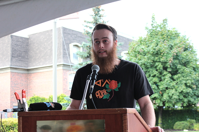 Couzyn van Heuvelen, the artist who created the qamutik sculpture, speaks at the unveiling in Ottawa Sept. 7. 