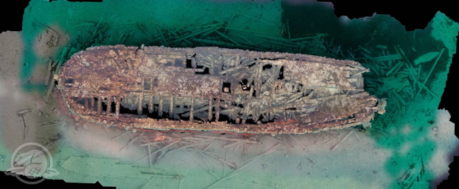 An overhead scan of the HMS Erebus showing the ship with surrounding debris and artifacts. 