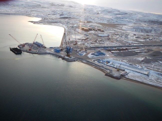 The port at Milne Inlet near Pond Inlet, which services Baffinland Iron Mines' Mary River mine, about 100 kilometres inland by tote road. Baffin Inuit are asking the Nunavut Planning Commission to hold a public hearing in North Baffin on the mining company's request for a railway and ice-breaking for winter shipping. (FILE PHOTO)