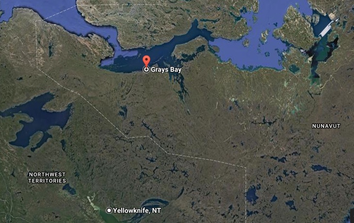 This map shows the location of Grays Bay in Nunavut, located some 800 kilometres north of Yellowknife in the Northwest Territories. Nunavut and the N.W.T. would like to see a road someday link up the two, opening up mining development along the way—but there's a lot of concern about caribou, which a full environmental review under the Nunavut Impact Review Board will look at. (IMAGE/GOOGLE MAPS)