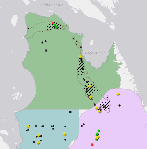 The green area of the map shows mining operation and exploration sites within Nunavik's migratory caribou range between 2010 and 2014. The red dot is the closed Asbestos Hill mine, the green dots are Raglan Mine and Nunavik Nickel mines and the yellow dots are Hopes Advance Bay, Ashram and Lac Otelnuk mining projects. (IMAGE COURTESY OF LAVAL UNIVERSITY)