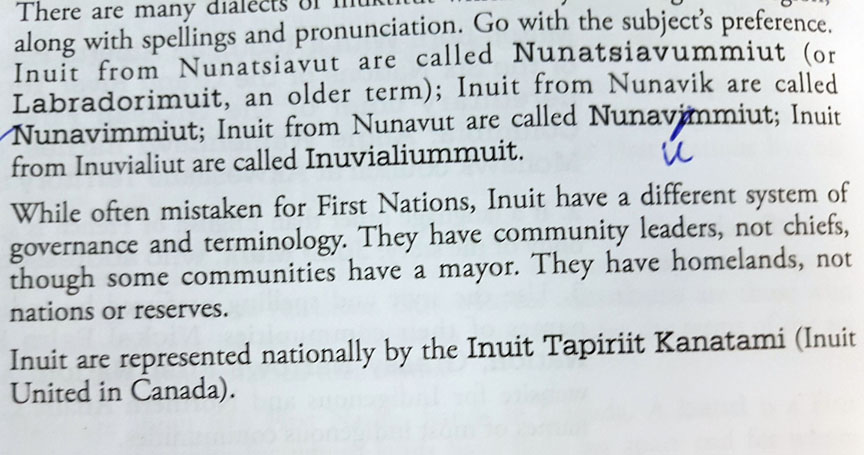 This photo shows a section of the 18th edition of The Canadian Press Stylebook that contains errors pertaining to Inuit nomenclature. (PHOTO BY JIM BELL)
