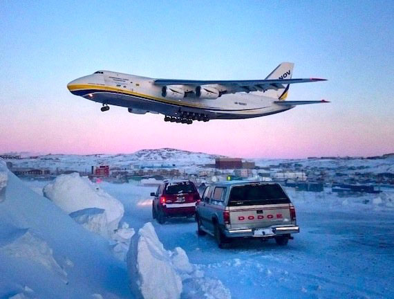 Here's our second-most popular photo of 2017, based on numbers of views, likes and shares on the Nunatsiaq News Facebook page, taken by Iqaluit plane-watcher Miali Buscemi: On Feb. 4, 2017, a huge Antonov 124 cargo jet, carrying a $24-million replacement engine for a Swiss International Boeing 777-300, prepares to land at the Iqaluit airport. The SWISS aircraft had made an emergency landing Feb. 1 in Iqaluit and its passengers had departed Feb. 2 for New York City on another Swiss International aircraft. Meanwhile, a repair crew working inside a tent installed the new engine on the stricken 777 and the plane left for Zurich Feb. 8. Nunatsiaq News did not publish a print paper on Friday, Dec. 29. We'll publish our first print paper of 2018 on Jan. 5. Our office will re-open the day after tomorrow, Jan. 2. (PHOTO BY MIALI BUSCEMI)