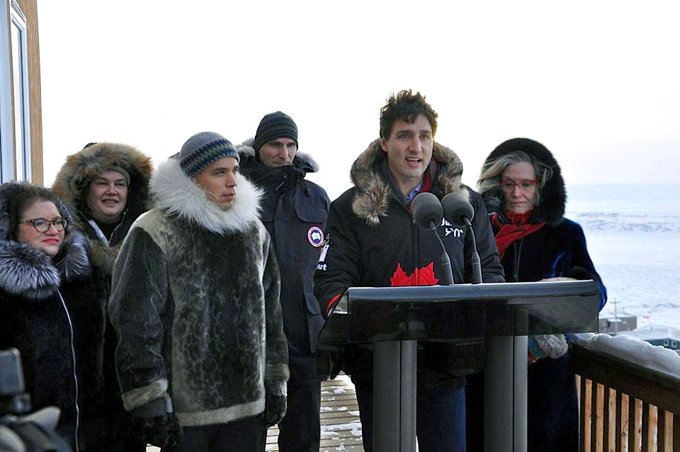 Here's our fourth most popular photo of 2017, based on numbers of views, likes and shares on the Nunatsiaq News Facebook page: On Feb. 9, 2017 in Iqaluit, Prime Minister Justin Trudeau speaks to reporters with Natan Obed, president of the Inuit Tapiriit Kanatami and Carolyn Bennett, then the minister of Indigenous and Northern Affairs Canada, after Obed and Trudeau signed the Inuit Nunangat Declaration. That agreement created the Inuit-Crown Partnership Committee, a new whole-of-government body aimed at producing better Inuit-specific federal programs and policies in areas such as housing and health care. Nunatsiaq News did not publish a print paper today, Friday, Dec. 29. We'll publish our first print paper of 2018 on Jan. 5. Our office will re-open Jan. 2. (PHOTO BY THOMAS ROHNER)