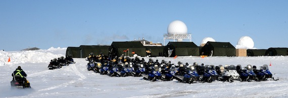 Snowmobiles park near the Cam Main North Warning Station during an earlier Nunalivut sovereignty exercise near Cambridge Bay. Starting late next month, the Canadian Armed Forces will be back in the western Nunavut community for Operation Nunalivut 2018. (FILE PHOTO)