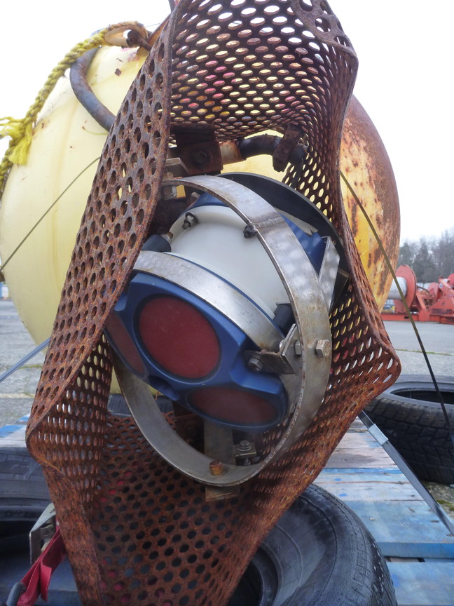 A view of an underwater sonar attached to a steel float. The sonar was found to have useable tidal data on it, despite it being lost for over a decade.  (PHOTO COURTESY OF HUMFREY MELLING)