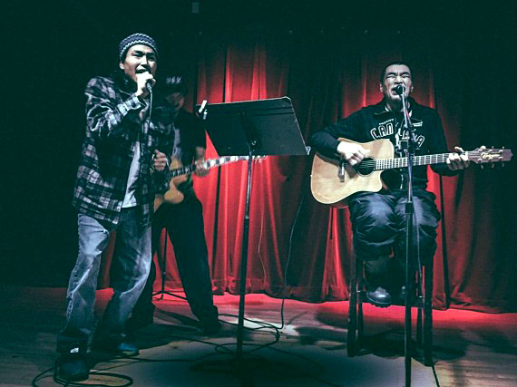 Members of Northern Haze (from left: Allan Kangok, Derek Aqqiaruq and James Ungalaq) perform at the Jam Café at Iqaluit’s francophone centre on Jan. 24. (PHOTO COURTESY OF THE AFN)