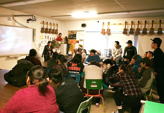 Nunavik Sivunitsavut staff and students host an information session in Kangiqsualujjuaq Jan. 10, as they launch a regional promotional tour for the Montreal-based college program. NS is looking for student applicants for the 2018-19 school year, its second year of operation. Kativik Ilisarniliriniq launched the Nunavik program last summer, building on the Ottawa-based Nunavut Sivuniksavut model. For more information and to apply, visit sivunitsavut.ca. (PHOTO COURTESY OF NS) 