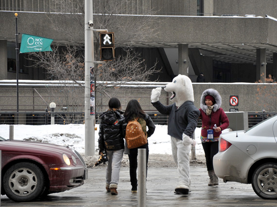 The polar bear mascot for the Northern Lights trade show directs traffic in downtown Ottawa during the 2014 Northern Nights conference. You can find this year's conference at the Shaw Centre, starting Jan. 31, with the public welcome to the arts and culture exhibitions Feb. 1 to Feb. 3 in the afternoons. (FILE PHOTO)