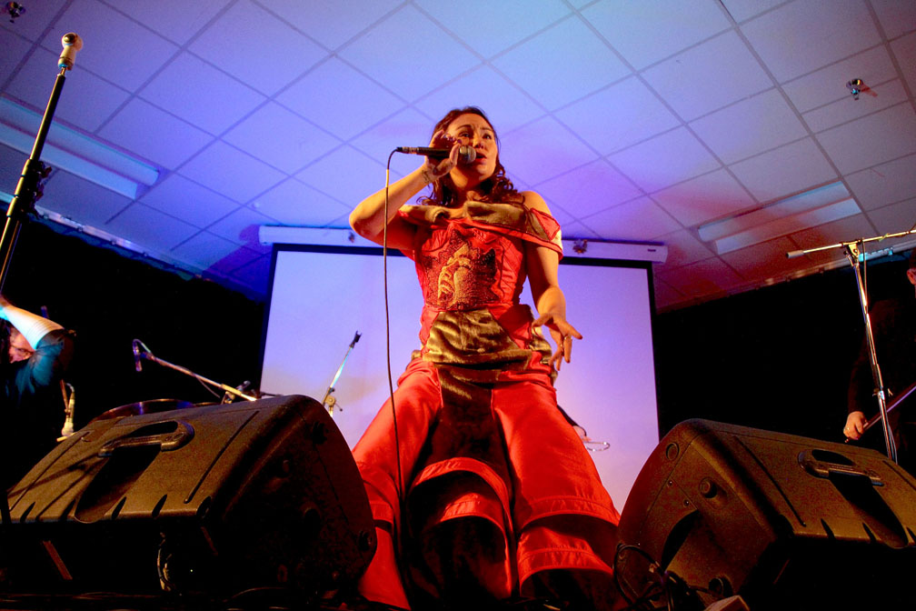 Tanya Tagaq of Cambridge Bay performs at Inuksuk High School Oct. 1, in the first show she had given in Nunavut for many years. (BETH BROWN)