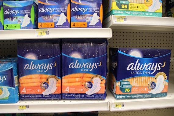 If you live in Nunavut and you need to buy feminine hygiene products, such as these pictured in an Iqaluit store, be prepared to pay. In the North's smaller communities the cost of pads and tampons is even higher. (PHOTO BY BETH BROWN)