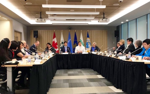 Inuit Tapiriit Kanatami President Natan Obed sits between Prime Minister Justin Trudeau and Carolyn Bennett, Canada's minister of Crown-Indigenous relations, during a meeting of the Inuit-Crown Partnership Committee in Ottawa on Thursday, March 29. The committee's aim is to create a new working relationship between Canada’s Inuit and the federal government. (PHOTO COURTESY ITK)