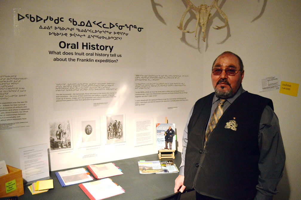 The renowned oral historian Louie Kamookak of Gjoa Haven at the Nunatta Sunakkutaangit Museum in Iqaluit on Jan. 19, 2017, when he gave a talk on Inuit knowledge of the Franklin expedition. He also announced the launch of Grade 8 curriculum materials on the Franklin expedition for use in Nunavut schools. (PHOTO BY STEVE DUCHARME)