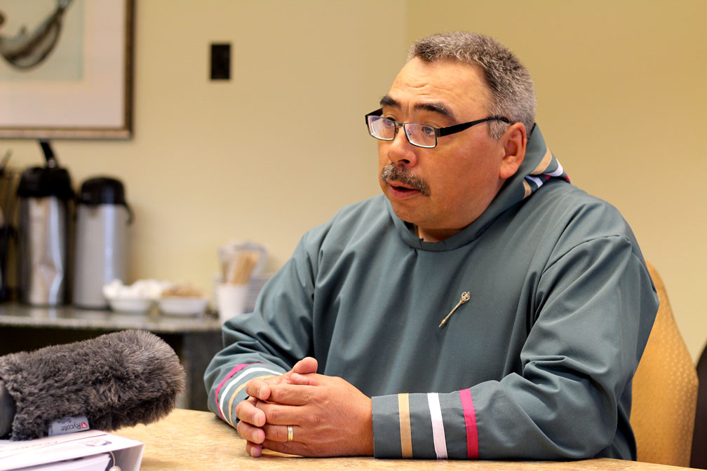 Nunavut Finance Minister David Akeeagok speaks to reporters during a media lockup held prior to the release of the 2018-2019 territorial budget. (PHOTO BY BETH BROWN)