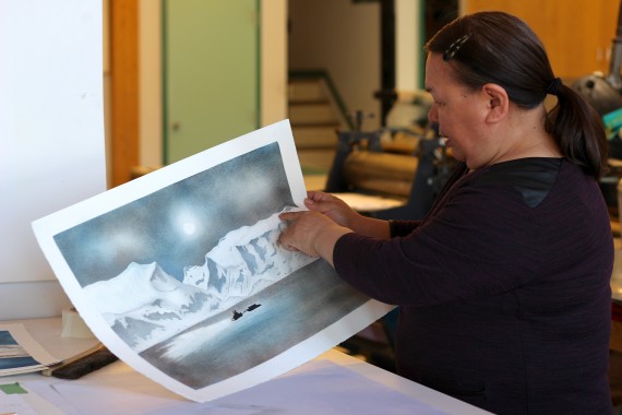 Every small line in a print like this one uses a finely cut stencil, says Eena Angmarlik. The Pangnirtung artist has three pieces to unveil on July 8 as part of the 2018 Pangnirtung Print Collection.(PHOTO BY BETH BROWN)