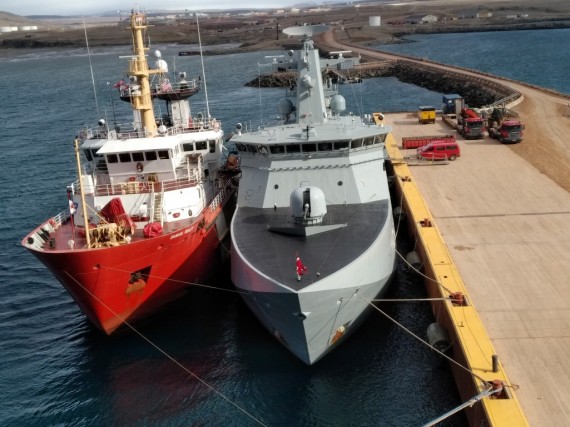 The Canadian Coast Guard’s Samuel Risley sits alongside the Danish naval vessel HDMS Knud Rasmussen at the U.S. Air Force base in Thule, Greenland on July 28. This was the first Arctic operations assignment for the Samuel Risley, which is based in Parry Sound, Ontario. The ship helped provide icebreaking support to two commercial vessels resupplying Thule. The Samuel Risley later arrived in Iqaluit on Aug. 5 for a crew change and will remain in the eastern Arctic for search and rescue, community visits and buoy tending in Hudson Bay. (PHOTO COURTESY OF DFO)