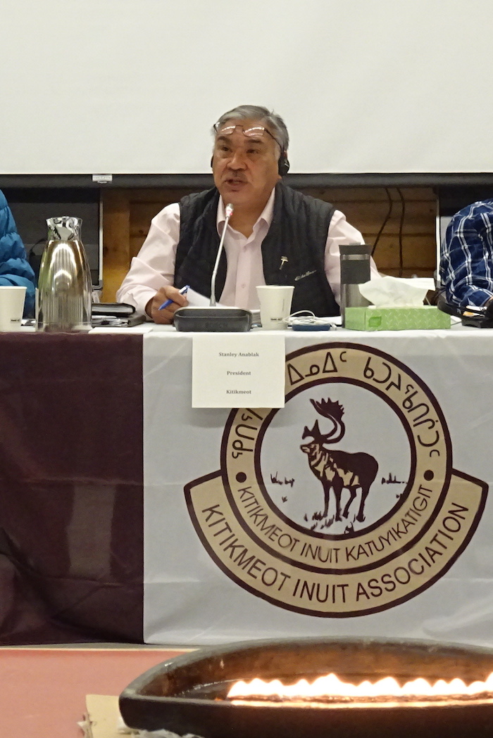 Kitikmeot Inuit Association President Stanley Anablak talks about the Grays Bay Road and Port Project at last year's KIA AGM. Anablak was in Cape Dorset on Aug. 29 to promote the project to Nunavut Tunngavik Inc.'s board of directors. (FILE PHOTO)

