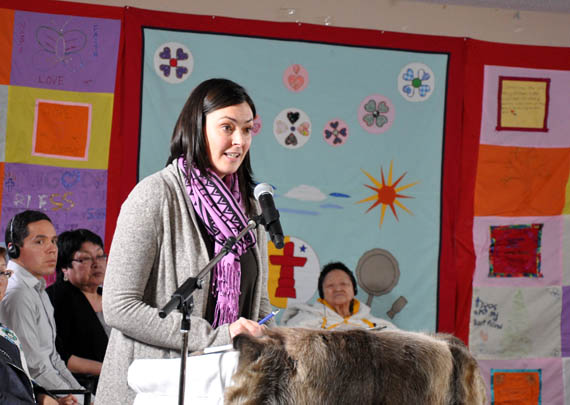MMIWG commmissioner Qajaq Robinson speaks at the opening of the inquiry's public hearing in Rankin Inlet last February. Commissioners return to Nunavut next month for institutional hearings to be held in Iqaluit Sept. 10-13. (FILE PHOTO) 