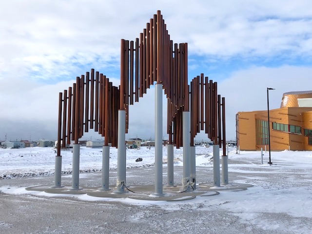 The 5.5-metre, copper-piped “Polar Iconic Structure” in front of CHARS, by Edmonton graphic designer Wei Yew, incorporates a maple leaf to symbolize Canadian sovereignty over the North—and is intended to conjure up the northern lights. It reportedly cost about $1 million. (PHOTO BY JANE GEORGE)