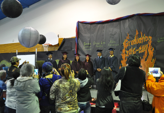 Kativik Ilisarniliriniq officials say a new Quebec ombudsman report on gaps in Nunavik's education system is timely. The report highlights issues like low school attendance and graduation rates, the prominence of English and French in an Inuktitut-speaking region and limited access to post-secondary education. Here, a group of students graduate from school in Umiujaq in 2017. (FILE PHOTO) 