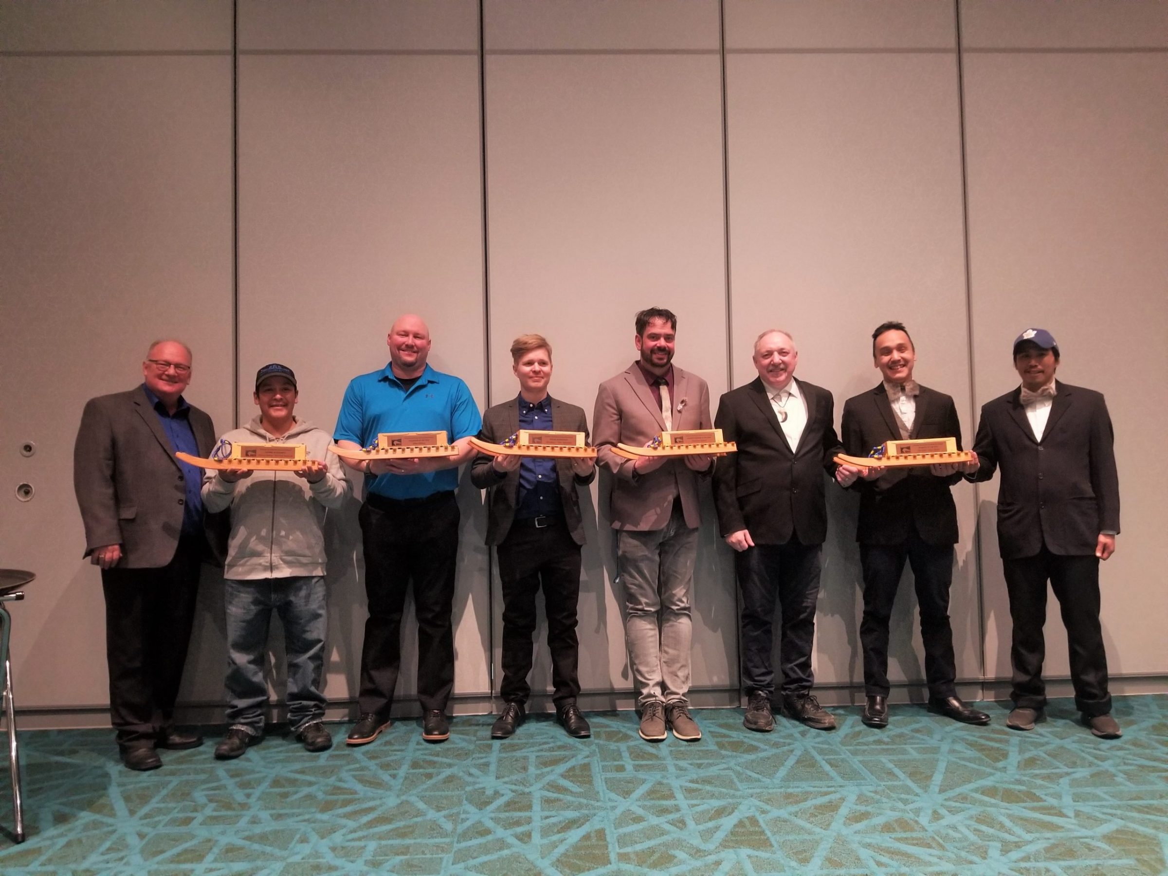 Here are the winners of the 2021 Baffin Regional Chamber of Commerce business awards, seen on Nov. 26. The chamber handed out the awards for its 26th year at Iqaluit’s Aqsarniit hotel. Typically, the awards are handed out at the Nunavut Trade Show, but the trade show was cancelled this year due to COVID-19. From left: Baffin Regional Chamber of Commerce executive director Chris West; Tommy Manning, accepting the lifetime achievement award on behalf of Timmun Alariaq from Huit Huit Tours in Kinngait; volunteer of the year Mike Wilkins from RL Hanson Construction Ltd.; special achievement award winner Thor Simonsen from Hitmakerz; businessperson of the year Clarence Synard from NCC Investment Group Inc.; business of the year award winner Allan Mullin from Al’s BnB and his two employees, Lester Taqqaugaq and Samuel Illupalik. (Photo courtesy of Chris West)