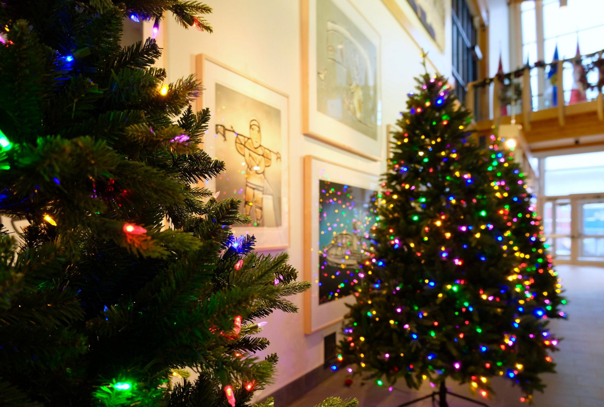 With Christmas a month away, the legislature building in Iqaluit is being decorated inside and out. In the lobby, Christmas trees stand in front of framed prints by the late Elisapee Ishulutaq. (Photo by Mélanie Ritchot)